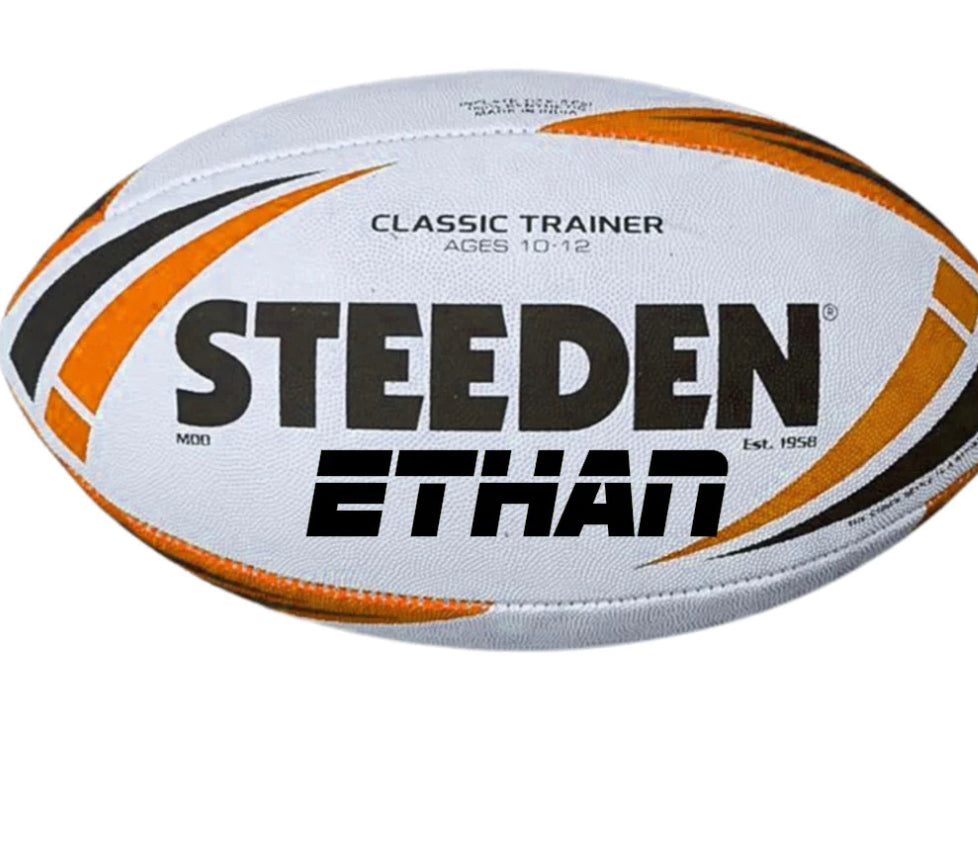 PERSONALISED WHITE/ORANGE STEEDEN RUGBY LEAGUE BALL (Mod Size)